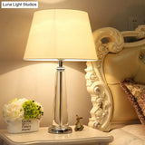 Rustic Beige Fabric Tapered Table Lamp With Crystal Base - Single Head Bedroom Night Light