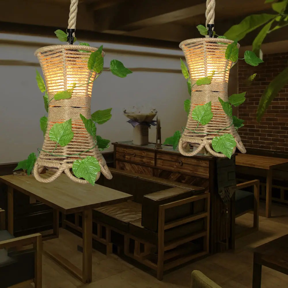 Rustic Beige Flared Pendant Light With Natural Rope And Artificial Ivy