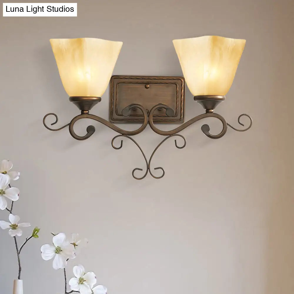 Rustic Beige Glass Bell Shaped Wall Lamp With Dual Heads - Brown Bedroom Light Fixture