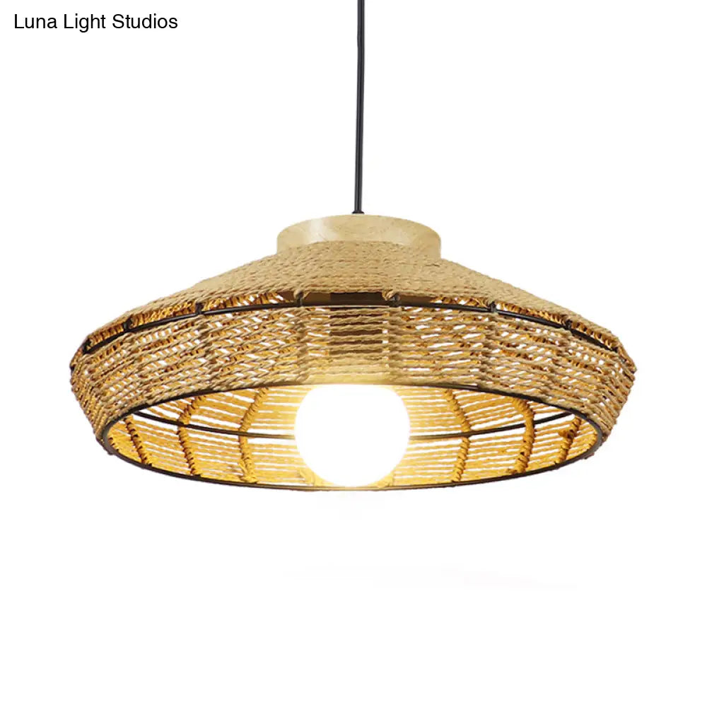 Rustic Beige Pendant Lamp For Living Room And Restaurant - Single Head Hanging Light With Straw Rope