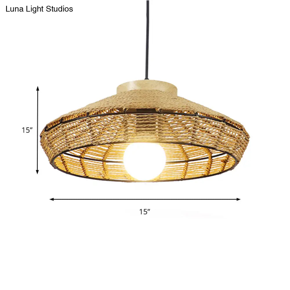 Rustic Beige Pendant Lamp For Living Room And Restaurant - Single Head Hanging Light With Straw Rope