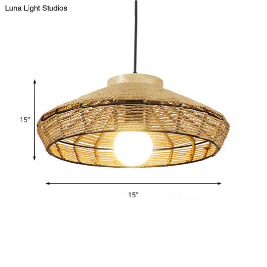 Rustic Beige Pendant Lamp For Living Room And Restaurant - Single Head Hanging Light With Straw Rope
