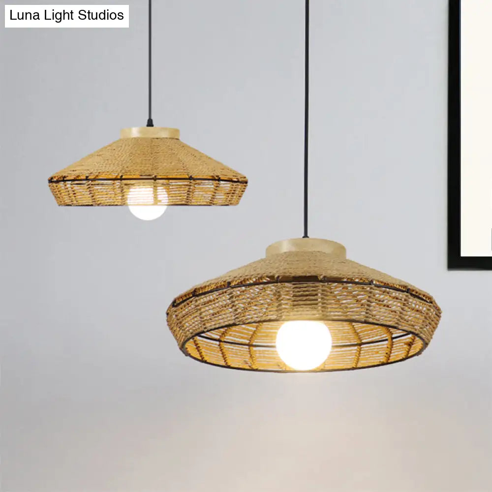 Rustic Beige Pendant Lamp For Living Room And Restaurant - Single Head Hanging Light With Straw Rope