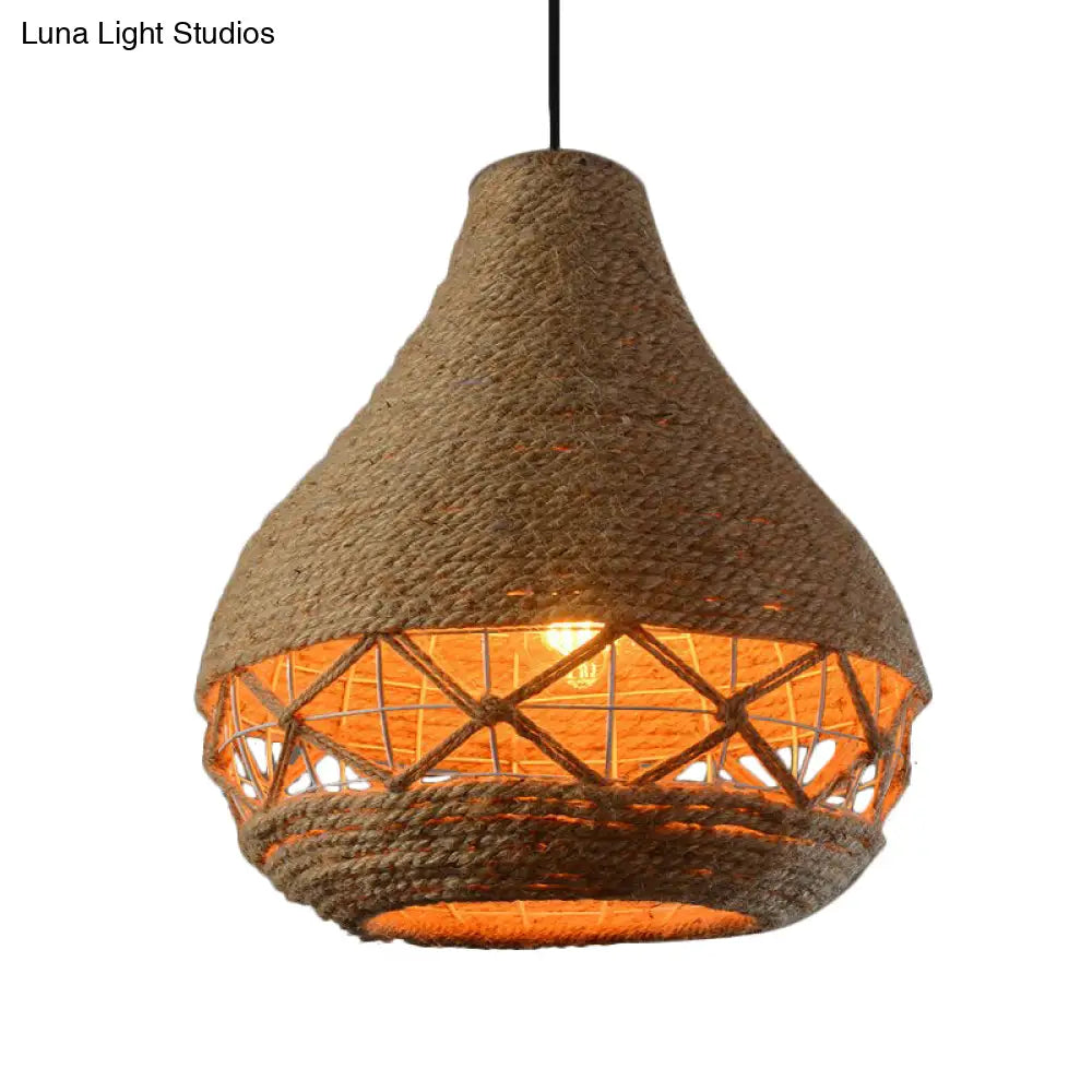 Rustic Beige Teardrop Rope Pendant Lamp - 1-Bulb Ceiling Hanging Light For Restaurants