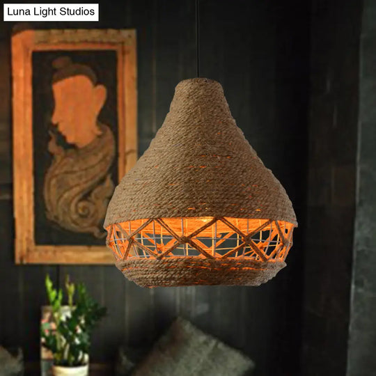 Rustic Beige Teardrop Rope Pendant Lamp - 1-Bulb Ceiling Hanging Light For Restaurants