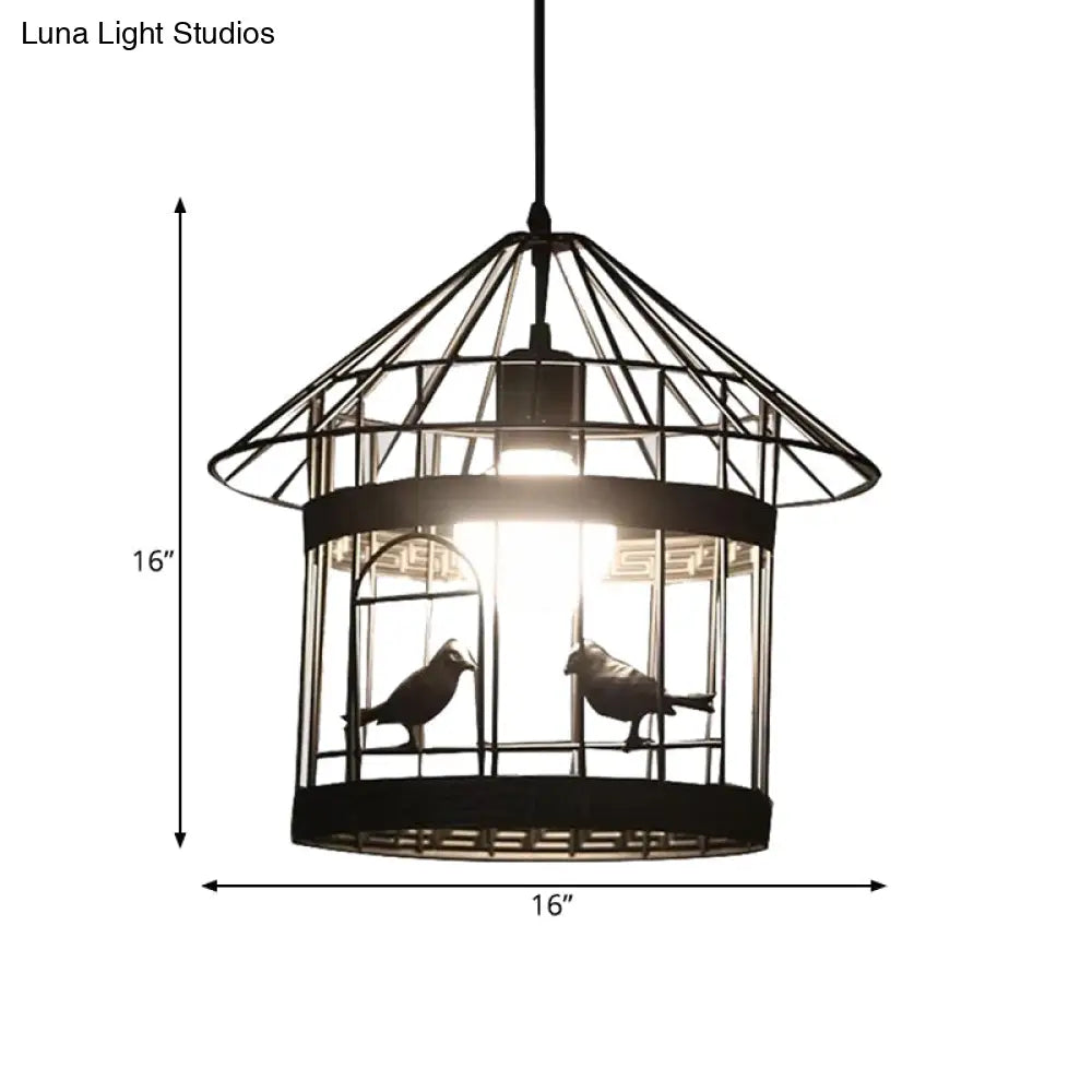 Rustic Birdcage Pendant Light With Bird Decoration - Black Metal 1 Head