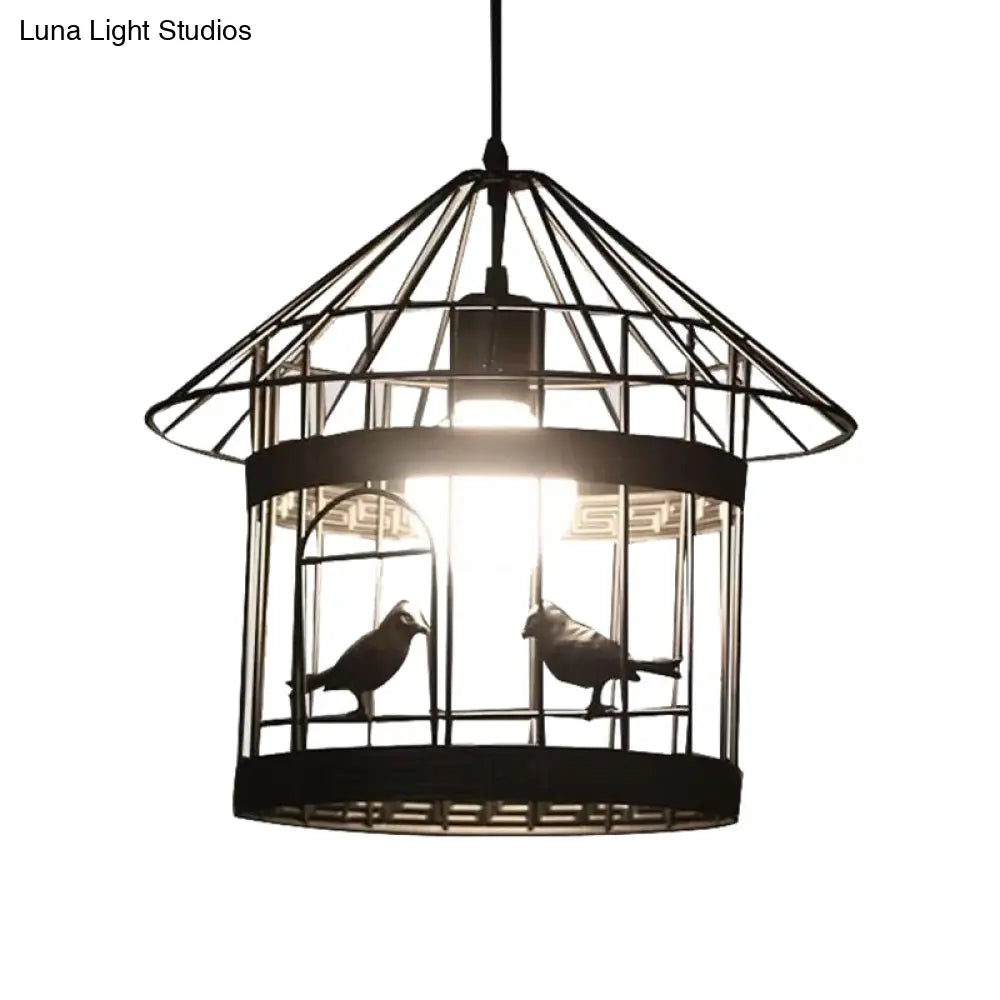 Rustic Birdcage Pendant Light With Bird Decoration - Black Metal 1 Head