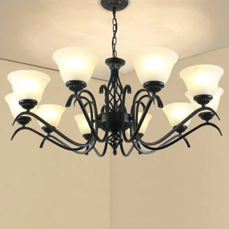Rustic Black Chandelier Ceiling Light With Cream Glass Bell Shades For Bedroom 10 / B