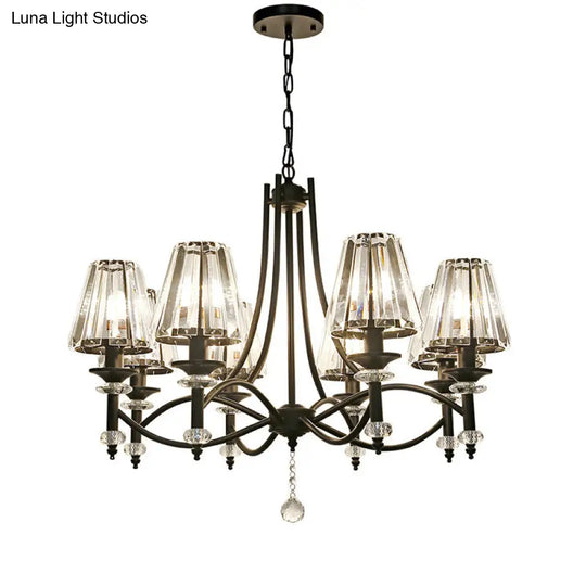 Rustic Black Conical Hanging Lamp With Faceted Clear Crystal Prisms - Bedroom Chandelier