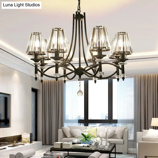 Rustic Black Conical Hanging Lamp With Faceted Clear Crystal Prisms - Bedroom Chandelier
