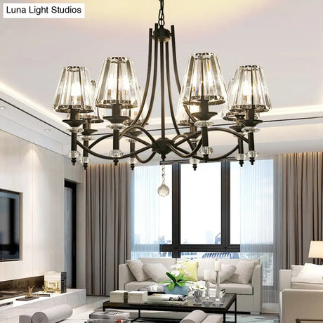 Rustic Black Conical Hanging Lamp With Faceted Clear Crystal Prisms - Bedroom Chandelier