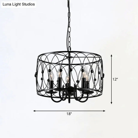 Rustic Black Drum Chandelier - 6-Head Metal Pendant Ceiling Light For Living Room Candle Design