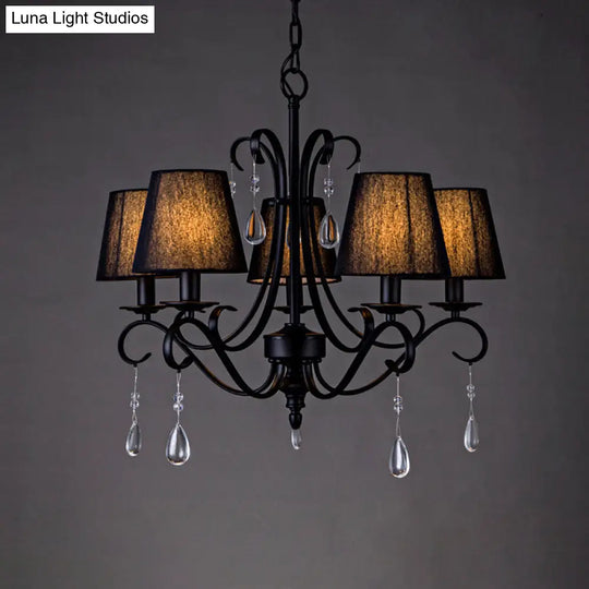 Rustic Black Fabric Suspension Pendant Chandelier With Swirl Arm Crystal Drops - 5 Lights For Living