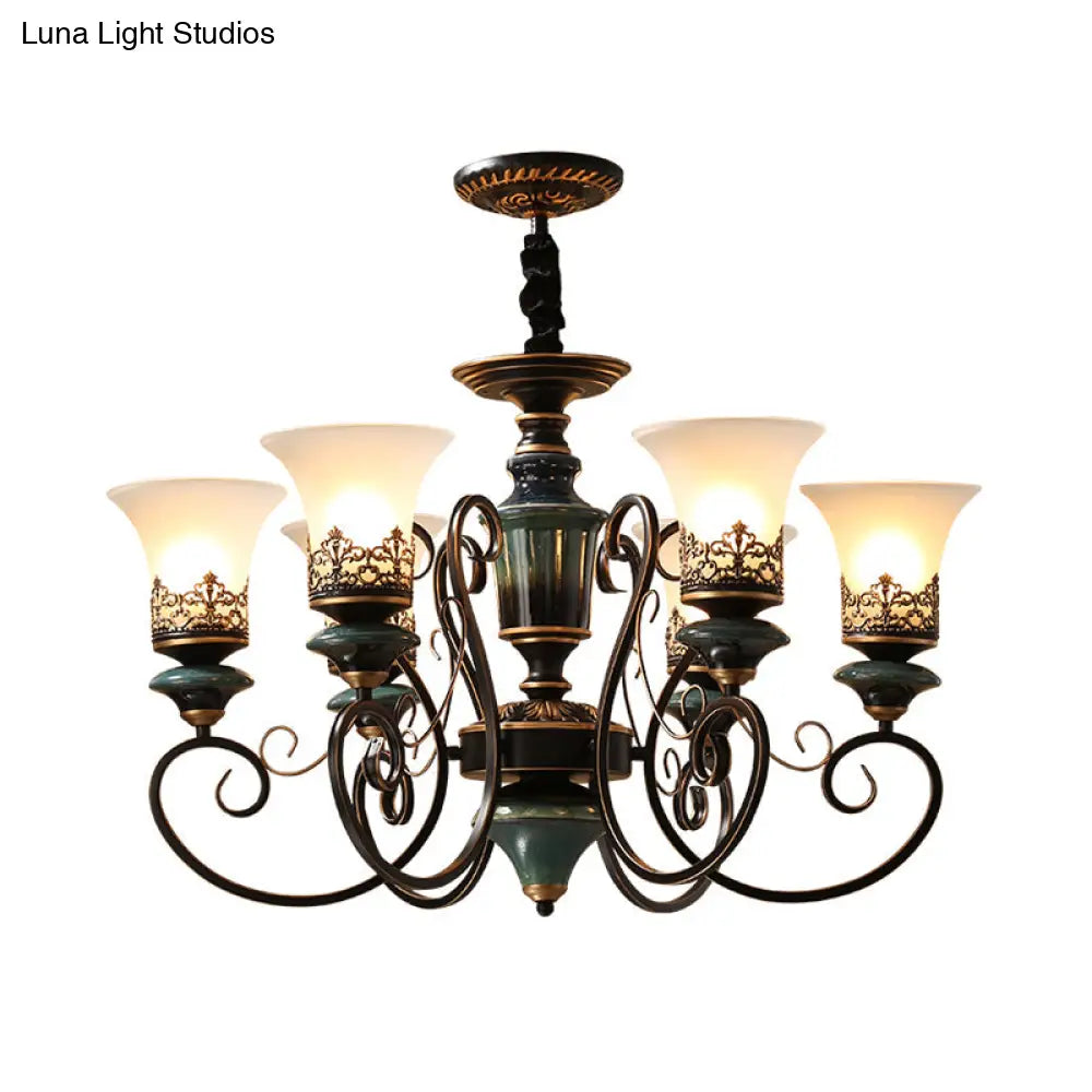 Rustic Black-Gold Chandelier With Bell Shade And Opal Glass Perfect For Guest Rooms (3/5/6-Bulb)