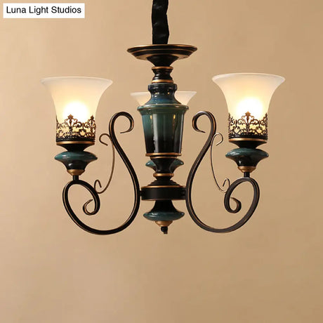 Rustic Black-Gold Chandelier With Bell Shade And Opal Glass Perfect For Guest Rooms (3/5/6-Bulb)