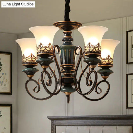 Rustic Black-Gold Chandelier With Bell Shade And Opal Glass Perfect For Guest Rooms (3/5/6-Bulb)
