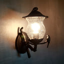Rustic Black Gourd Shaped Garden Wall Lamp - 1-Light Seedy Glass Lantern Sconce With Charming Bird