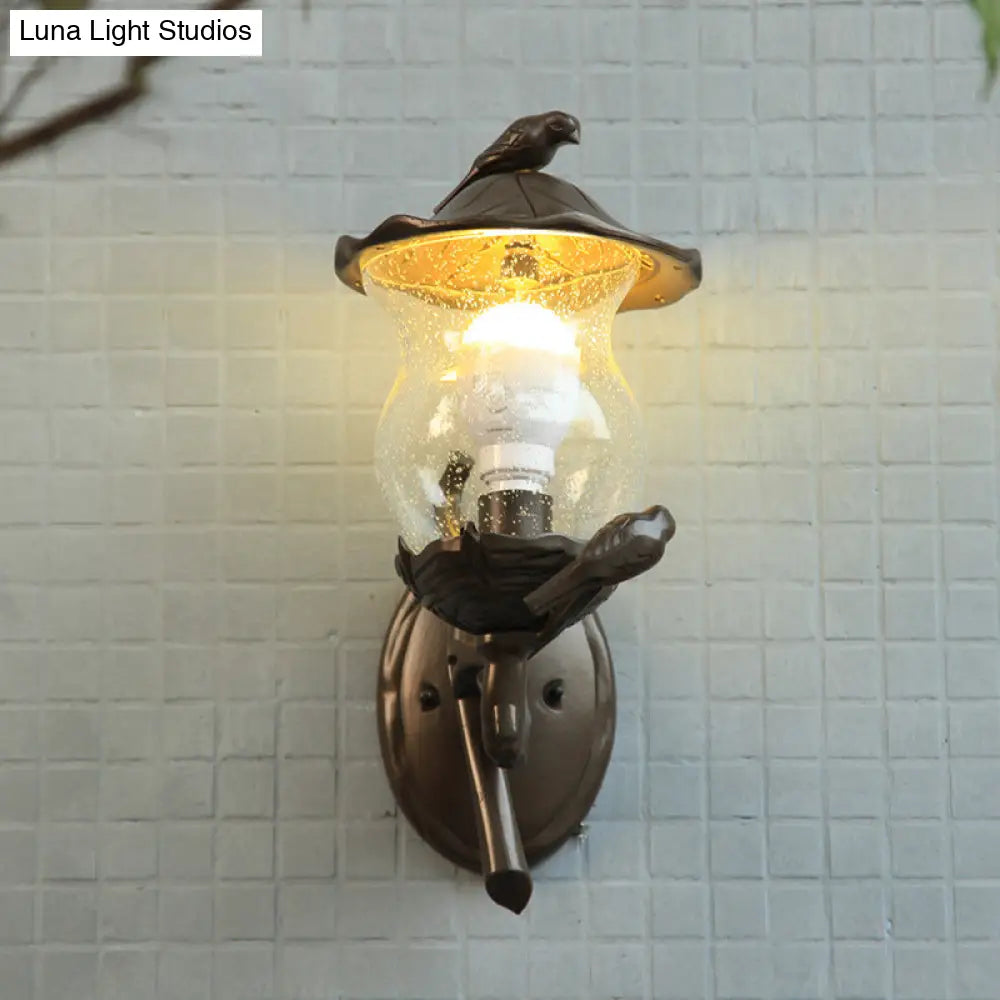 Rustic Black Gourd Shaped Garden Wall Lamp - 1-Light Seedy Glass Lantern Sconce With Charming Bird