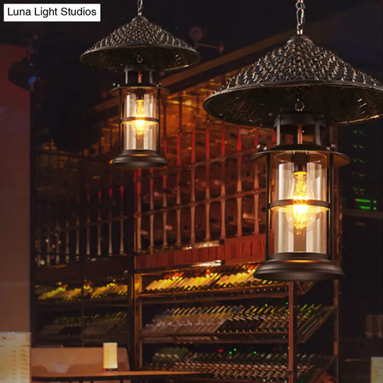 Black Rural Pendant Light With Transparent Glass Cylinder And Pointy Hat Decoration