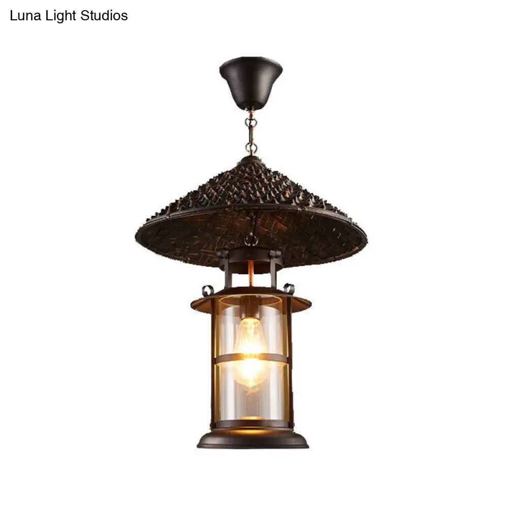 Black Rural Pendant Light With Transparent Glass Cylinder And Pointy Hat Decoration