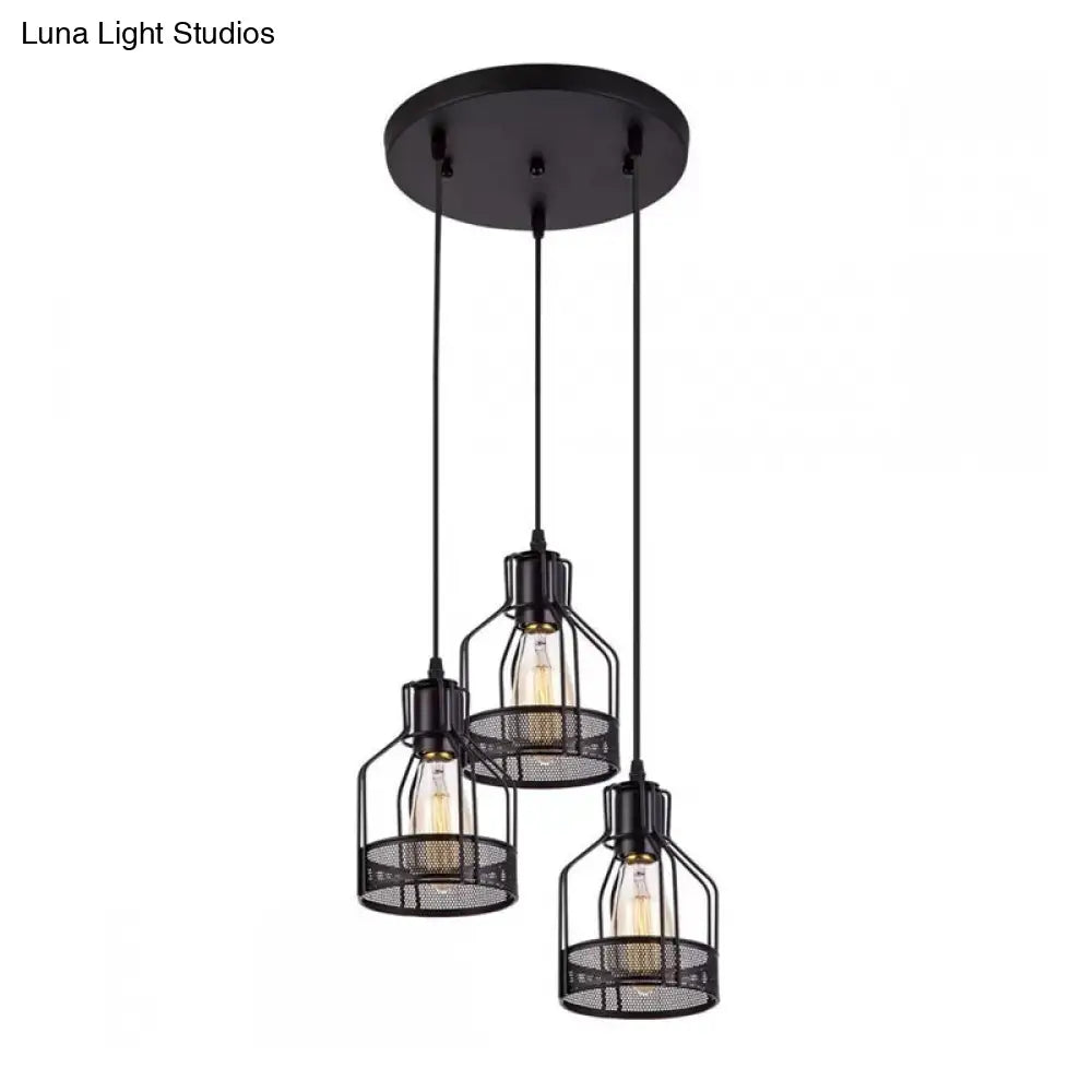 Rustic Black Iron Multi-Pendant Hanging Light With 3 Lights - Ideal For Dining Room Decor