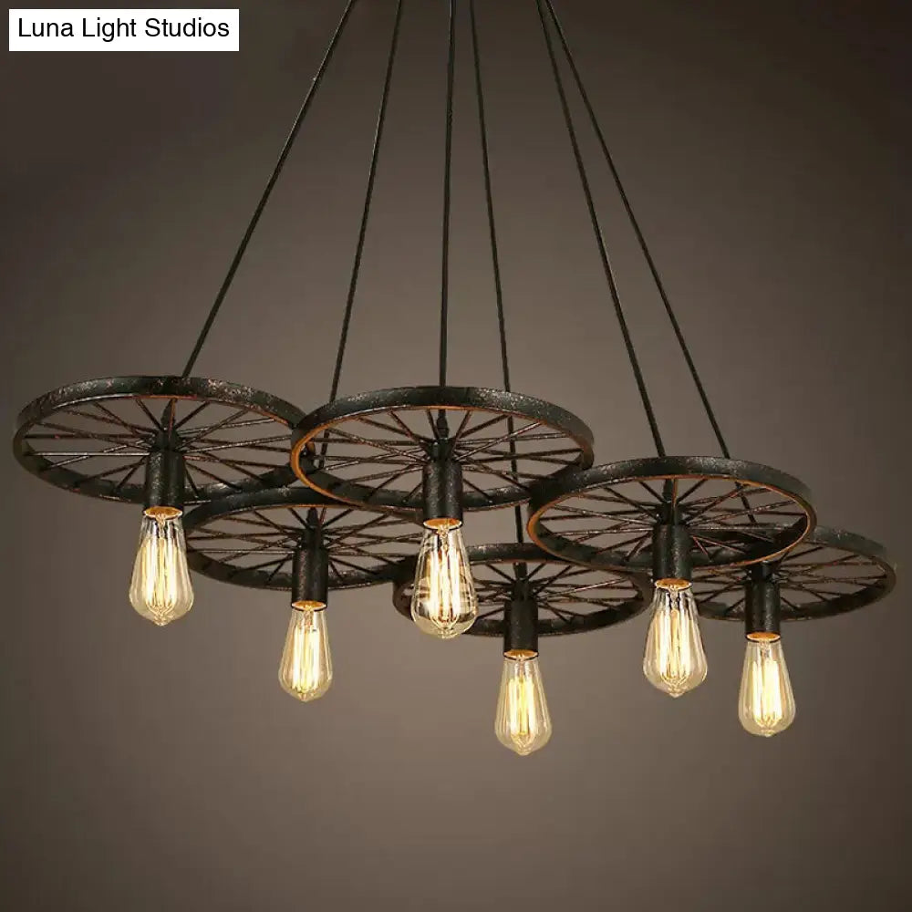 Rustic Iron Black Wheel Chandelier Ceiling Light - 3/6 Bulbs Living Room