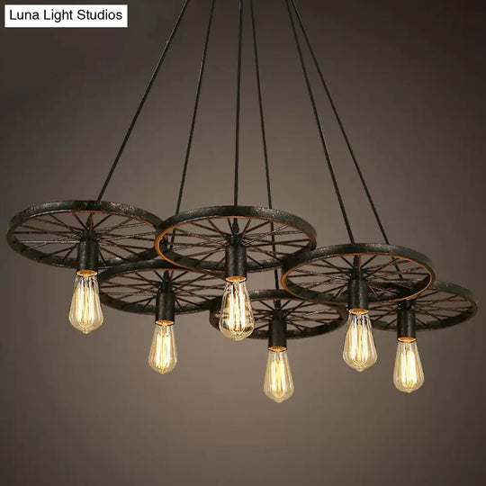 Rustic Iron Black Wheel Chandelier Ceiling Light - 3/6 Bulbs Living Room
