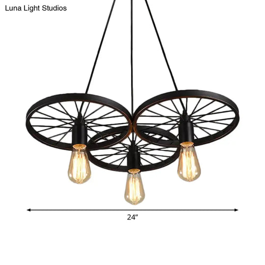 Rustic Iron Black Wheel Chandelier Ceiling Light - 3/6 Bulbs Living Room