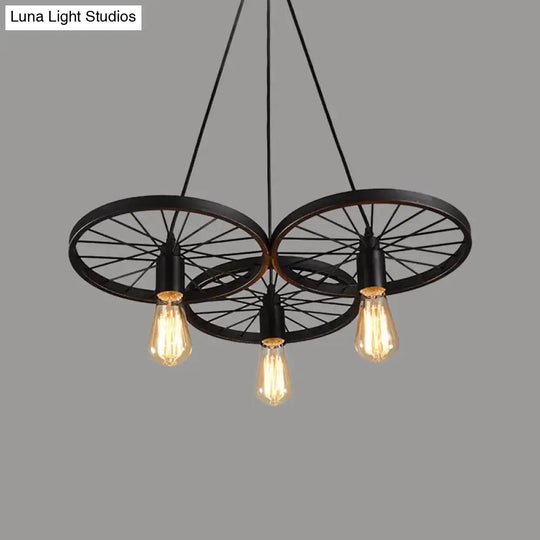 Rustic Iron Black Wheel Chandelier Ceiling Light - 3/6 Bulbs Living Room