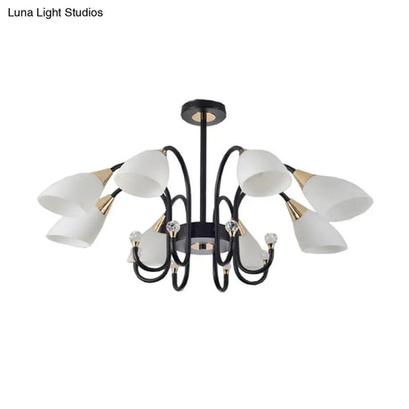 Rustic Black Iron Chandelier With Frosted Glass Shades - Hanging Ceiling Light Curve Arm 6/8/10