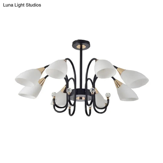 Rustic Black Iron Chandelier Light With Frosted Cone Glass Shades - 6/8/10 Heads Curved Arm Design
