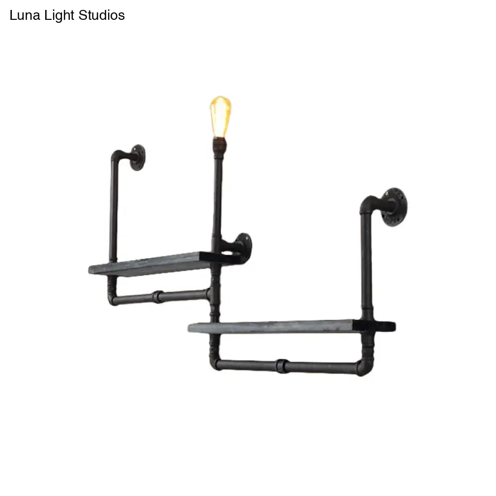 Rustic Black Iron Wall Mounted Pipe Shelf Light 1-Bulb Lighting For Dining Room