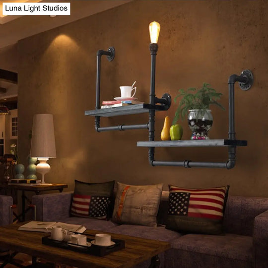 Rustic Black Iron Wall Mounted Pipe Shelf Light 1-Bulb Lighting For Dining Room