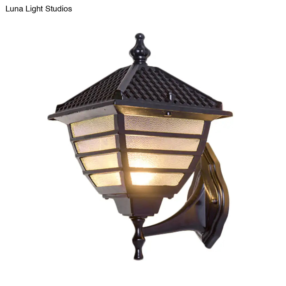 Rustic Black Lantern Wall Sconce With Frosted Glass - Single Bulb Mounted Lamp