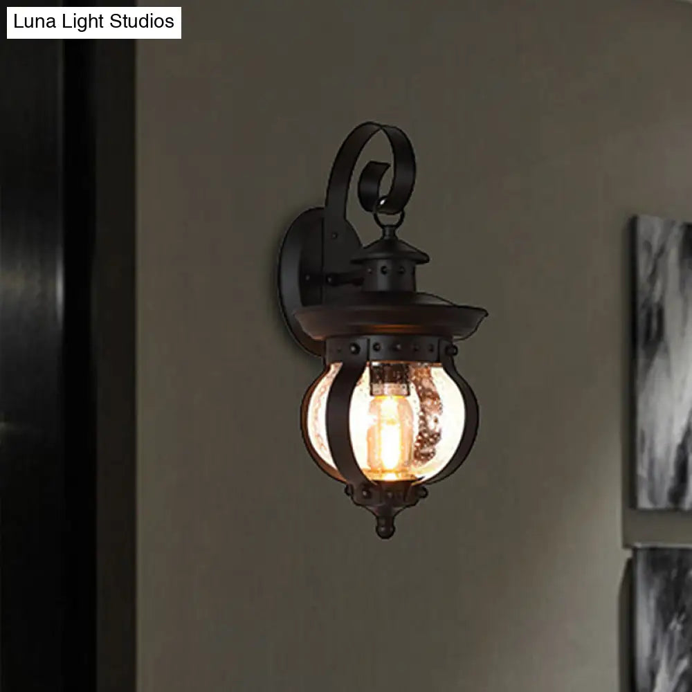 Rustic Black Lantern Wall Sconce With Seedy Glass - Bedroom Lighting Fixture