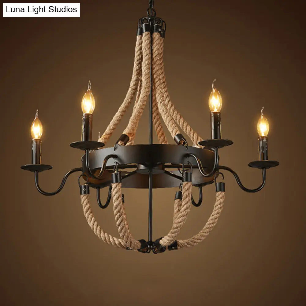 Rustic Black Metal Candelabra Pendant Chandelier - 6-Light Rope Hanging Ceiling Light With