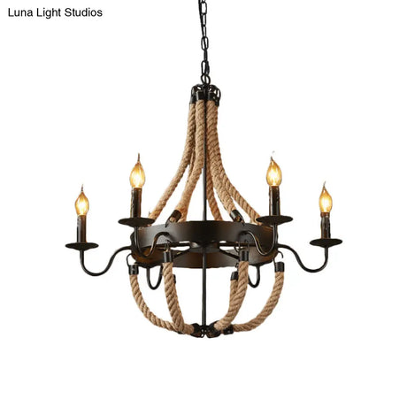 Rustic Black Metal Candelabra Pendant Chandelier - 6-Light Rope Hanging Ceiling Light With