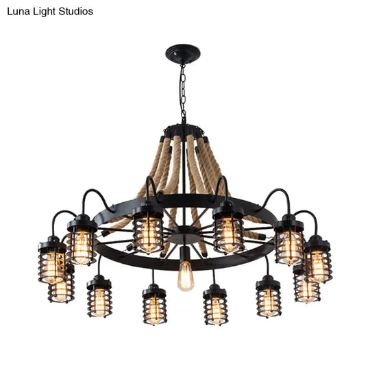 Vintage Black Metal Cage Chandelier With Rope Suspension - 7/9 Heads | Wagon Wheel Design