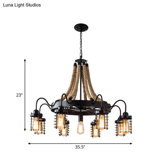 Vintage Black Metal Cage Chandelier With Rope Suspension - 7/9 Heads | Wagon Wheel Design