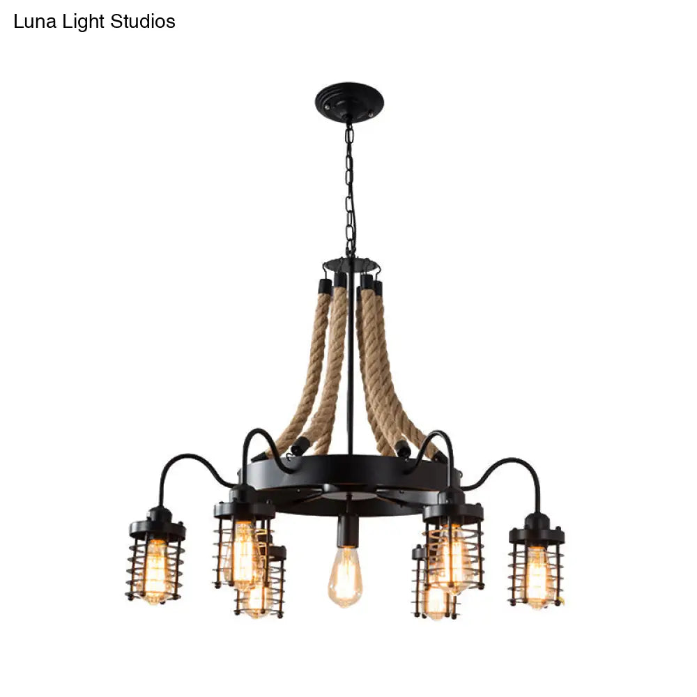 Vintage Black Metal Cage Chandelier With Rope Suspension - 7/9 Heads | Wagon Wheel Design