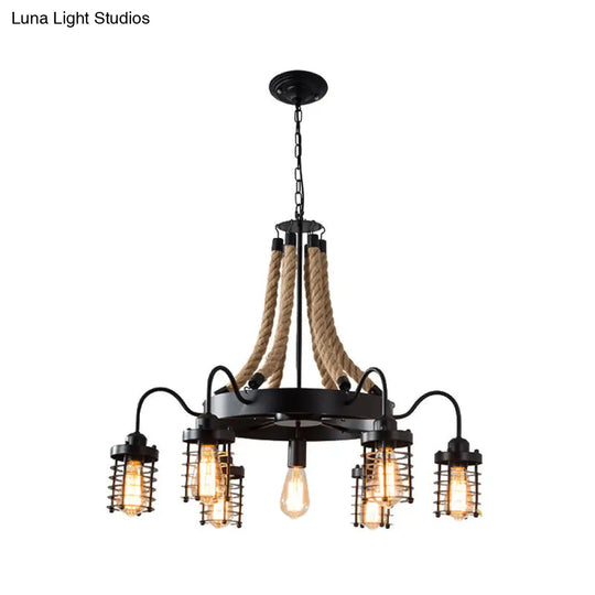 Vintage Black Metal Cage Chandelier With Rope Suspension - 7/9 Heads | Wagon Wheel Design