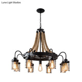 Rustic Black Metal Chandelier With 7/9 Cylinder Cage Heads And Rope Suspension