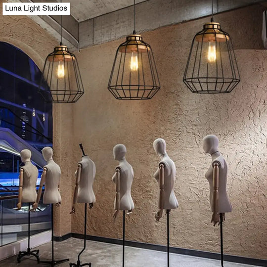 Rustic Black Metal Pendant Light With Caged Design - Wooden Socket Commercial-Grade Hanging Fixture