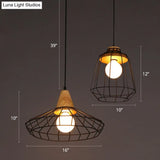 Rustic Black Metal Pendant Light With Wooden Socket - Commercial Grade 1-Light Caged Hanging Fixture