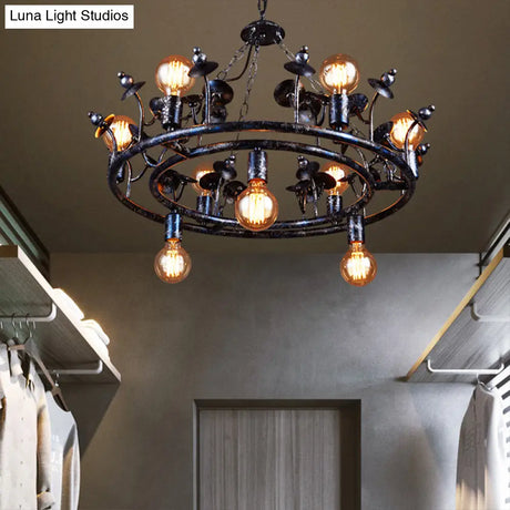 Rustic Black Metal Round Chandelier Pendant Light With Multiple Open Bulbs
