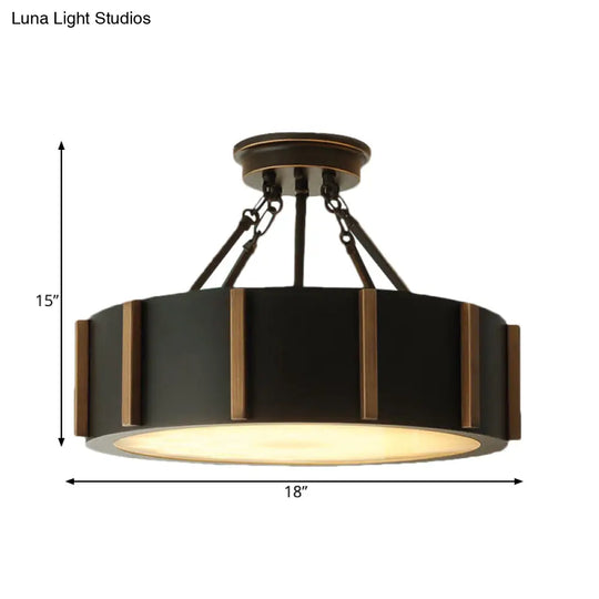 Rustic Black Metallic Led Semi Flush Drum Light Fixture With Warm Glow Close To Ceiling