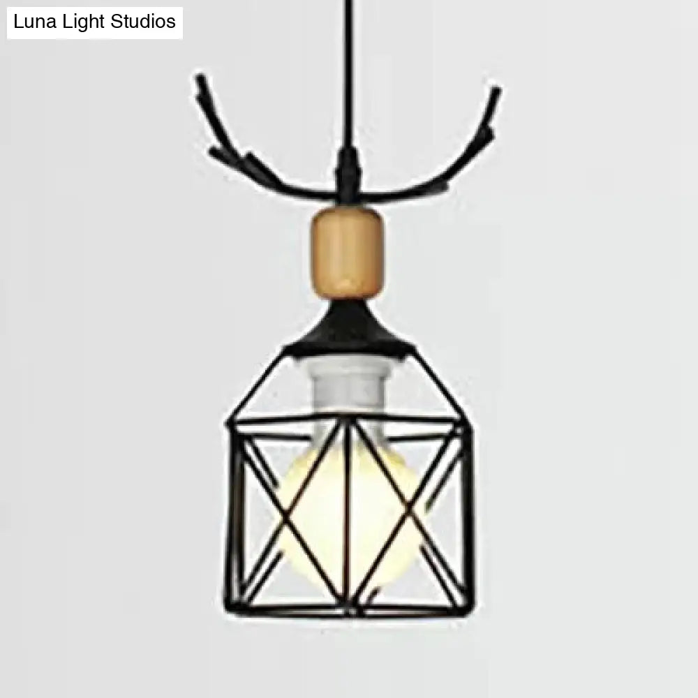 Rustic Black Pendant Light With Metal Wire Frame And Antlers - Lodge Décor- 1
