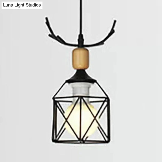 Rustic Black Pendant Light With Metal Wire Frame And Antlers - Lodge Décor- 1