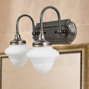 Rustic Black Schoolhouse Vanity Lighting: Opal Glass Wall Lamp With Metal Curved Arm - 2 Head