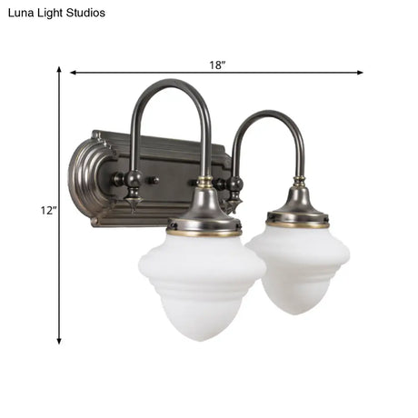 Rustic Black Schoolhouse Vanity Lighting: Opal Glass Wall Lamp With Metal Curved Arm - 2 Head